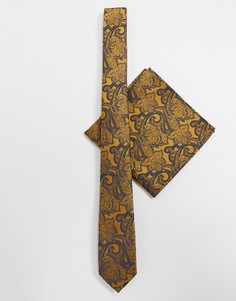Узкий галстук и платок для нагрудного кармана горчичного цвета с узором пейсли ASOS DESIGN-Желтый