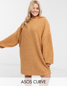 Плюшевое oversize-платье с капюшоном ASOS DESIGN Curve-Коричневый