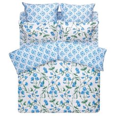 Постельное белье евростандарт Bedberry Цветочная нота, сатин белый/голубой