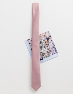 Розовый узкий галстук и платок-паше с цветочным принтом ASOS DESIGN wedding