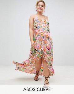 Пляжное платье макси асимметричной длины с принтом в стиле ретро и помпонами ASOS DESIGN CURVE-Мульти
