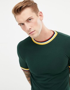 Облегающая футболка цвета хаки с разноцветной окантовкой ASOS DESIGN-Зеленый