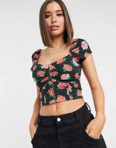 Топ на молнии с цветочным принтом ASOS DESIGN-Черный