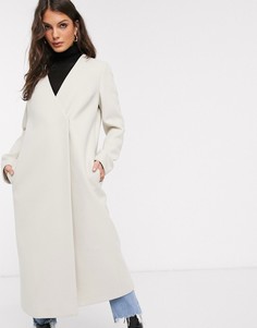 Пальто кремового цвета без воротника с поясом ASOS DESIGN-Кремовый