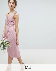 Платье миди с запахом и отделкой TFNC Tall-Розовый