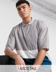 Серая футболка-поло колор блок в стиле oversized с воротом на молнии ASOS DESIGN Tall-Серый