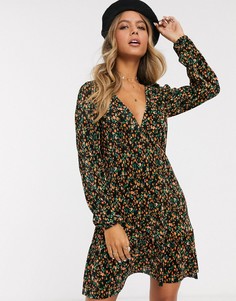 Плиссированное чайное платье мини с цветочным принтом и оборками ASOS DESIGN-Мульти