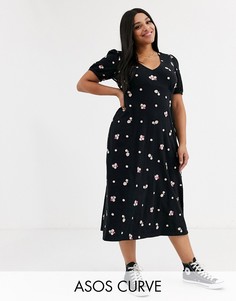 Чайное платье миди с вышивкой ASOS DESIGN Curve-Черный