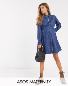Синее джинсовое платье-рубашка с присборенной отделкой ASOS DESIGN Maternity-Синий