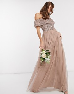 Розовое платье макси из тюля с широким вырезом и однотонными пайетками Maya Bridesmaid-Коричневый