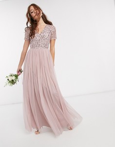 Розовое платье макси с V-образным вырезом и пайетками Maya Bridesmaid-Розовый