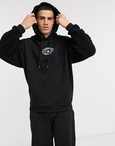 Плюшевый худи с двумя капюшонами и принтом на груди ASOS DESIGN-Черный