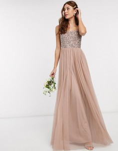 Розовое платье макси из тюля с квадратным вырезом и пайетками Maya Bridesmaid-Коричневый