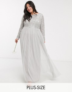 Серое платье макси из тюля с длинными рукавами и пайетками Maya Plus Bridesmaid-Серый