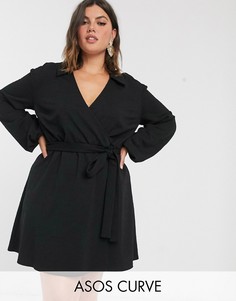Фактурное свободное платье-рубашка с запахом ASOS DESIGN Curve-Черный