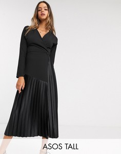 Плиссированное платье миди с запахом и длинными рукавами ASOS DESIGN Tall-Черный