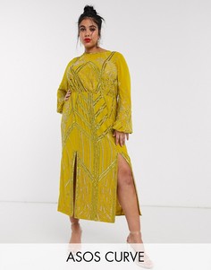 Платье миди с рукавом на манжете и отделкой ASOS DESIGN Curve-Желтый