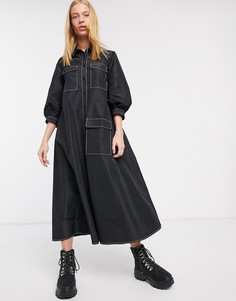 Платье-рубашка миди А-силуэта из тафты с контрастными строчками ASOS DESIGN-Черный