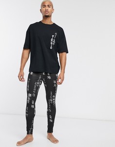 Черная пижама из oversize-футболки с принтом символа и меггинсов ASOS DESIGN-Черный