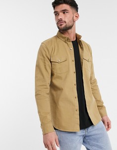 Бежевая саржевая рубашка с длинными рукавами и двумя карманами New Look-Бежевый