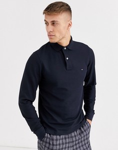 Темно-синее поло из пике с длинными рукавами и логотипом Tommy Hilfiger-Темно-синий