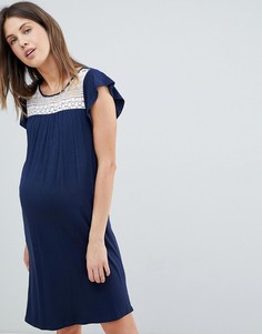 Трикотажное свободное платье со вставкой кроше Mamalicious-Темно-синий Mama.Licious