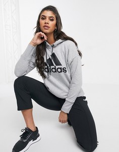 Худи серого меланжевого цвета с крупным логотипом adidas-Серый