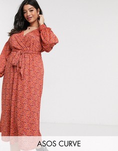 Платье миди с цветочным принтом и поясом ASOS DESIGN Curve-Мульти