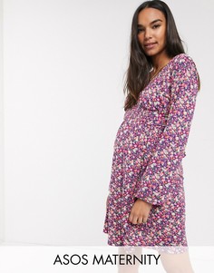 Платье мини с цветочным принтом, длинными рукавами и присборенной талией ASOS DESIGN Maternity-Мульти