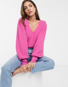 Джемпер с V-образным вырезом и пышным рукавом на манжете ASOS DESIGN-Розовый