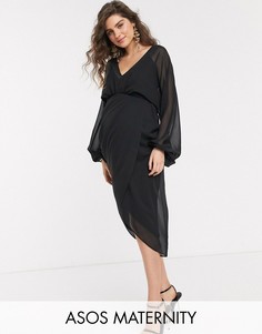 Платье миди с глубоким вырезом и пышными рукавами ASOS DESIGN Maternity-Черный
