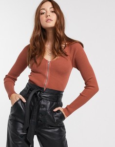 Джемпер в рубчик с V-образным вырезом и молнией ASOS DESIGN-Розовый