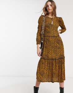 Свободное ярусное платье горчичного цвета со звериным принтом Topshop-Желтый