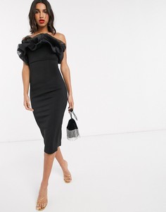 Платье-бандо миди с оборкой из органзы ASOS DESIGN-Черный