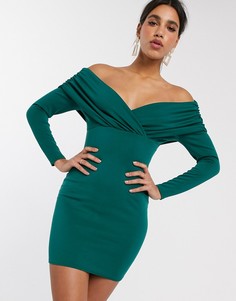 Платье мини с открытыми плечами, длинными рукавами и сборками ASOS DESIGN-Зеленый