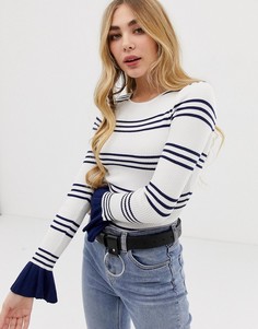 Сине-белое боди в полоску с оборками на рукавах Missguided-Кремовый