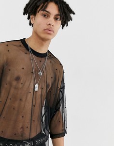 Длинная oversize-футболка с сетчатыми рукавами и отделкой бисером ASOS DESIGN-Черный