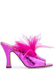Paris Texas embossed feather-embellished mules