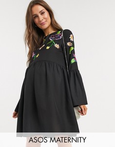 Черное свободное платье мини с вышивкой и расклешенными рукавами ASOS DESIGN Maternity-Черный