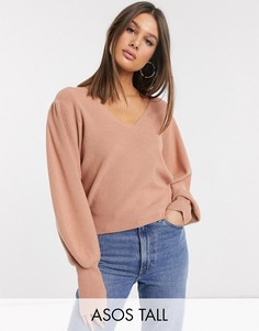 Джемпер с V-образным вырезом и пышным рукавом на манжете ASOS DESIGN Tall-Розовый