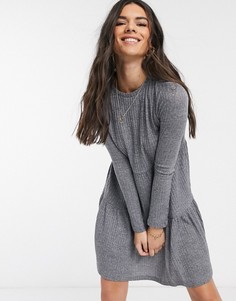 Серое ярусное трикотажное платье мини с длинными рукавами River Island-Серый