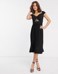 Платье миди с кружевом и складками ASOS DESIGN-Черный