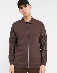 Коричневая трикотажная куртка Харрингтон с эффектом змеиной кожи на рукавах ASOS DESIGN-Коричневый