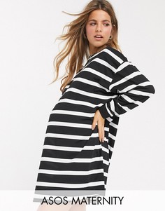 Монохромное платье‑футболка стиля oversized в полоску ASOS DESIGN Maternity-Мульти
