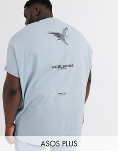 Oversized-футболка из органического хлопка с отворотами на рукавах и принтом ASOS DESIGN Plus-Синий
