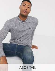 Футболка-поло в рубчик с длинными рукавами и вышивкой ASOS DESIGN Tall-Серый