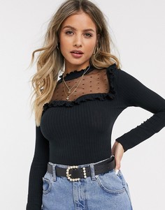 Черный топ с сетчатой вставкой и рюшами New Look