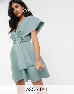 Короткое приталенное платье со спущенными плечами и поясом ASOS DESIGN Tall-Синий
