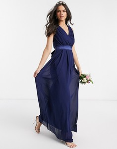Темно-синее платье макси с запахом и сатиновым бантом TFNC bridesmaid-Синий