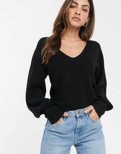 Джемпер с V-образным вырезом и пышным рукавом на манжете ASOS DESIGN-Черный